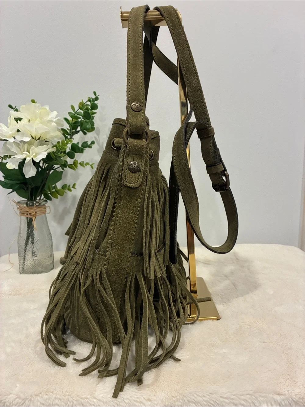Patricia Nash Olive Green Italian Suede Leather Fringe Hobo Boho Western Bag